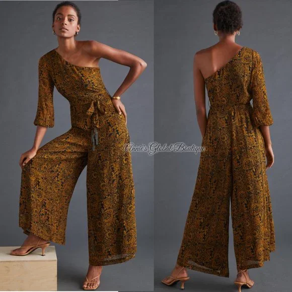 RARE NWT ANTHROPOLOGIE Ollari Paisley Tasseled One-Shoulder Jumpsuit. Size L - Picture 16 of 16